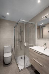 a bathroom with a shower and a toilet and a sink at Bright apartment with A/C, parking optional in San Sebastián