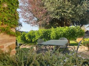 einen Picknicktisch und zwei Stühle in einem Garten in der Unterkunft La casa dei nonni tra Crete Senesi e Val D'Orcia in San Giovanni dʼAsso