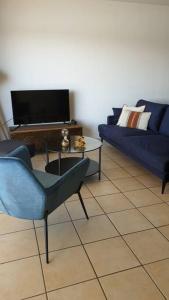 sala de estar con sofá azul y mesa en Blue**** Vue exceptionnelle sur le Rhône, en Tain-lʼHermitage