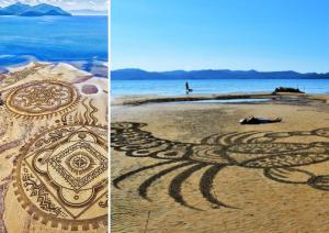 two pictures of a beach with an octopus etched in the sand at Adriatic Sunrise - Beach House in Blace