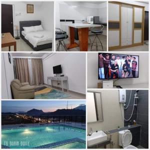 a collage of photos of a room with a swimming pool at ADEEN'S SURIA SUITE, Hotel Mutiara Gua Musang in Gua Musang