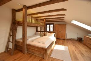 een slaapkamer met een stapelbed en een ladder bij Ferienhof und Baumhaushotel in Betzigau