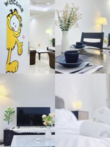 a collage of pictures of a room with a bed and a table at Ninja's Sweet Home in Kampong Gadong Jaya