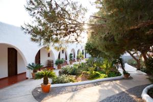 a courtyard with potted plants and trees in a building at Hostal La Torre Ibiza Cap Negret in San Antonio