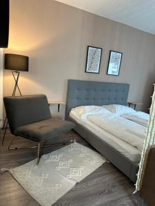 um quarto com uma cama, uma cadeira e um tapete em Appartement Elena em Linz