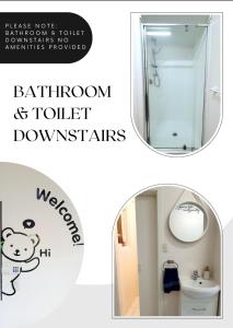 een collage van twee foto's van een badkamer en toilet beneden kunst bij Black Coffee House in Auckland