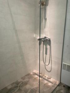 a shower with a glass door in a bathroom at Boutique Apartment in Sarajevo