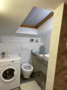 a bathroom with a toilet and a washing machine at Boutique Apartment in Sarajevo