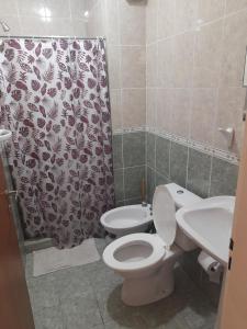 a bathroom with a toilet and a sink and a shower curtain at Departamentos del Sol in Resistencia