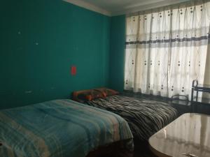 1 dormitorio con 1 cama y una ventana con cortinas en Hospedaje Akankma en Juliaca