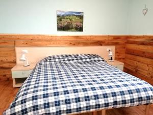 1 dormitorio con 1 cama con manta a cuadros en Casa BlueSky - Val di Sole in Trentino, en Croviana