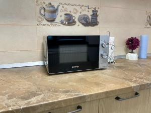 a microwave sitting on a counter in a kitchen at D&D New Residence in Piteşti