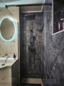 ブライラにあるBlue Apartament Brailaのシャワーと洗面台付きのバスルーム
