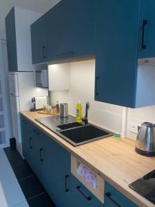 a kitchen with blue cabinets and a kitchen sink at Maros Apartman in Budapest