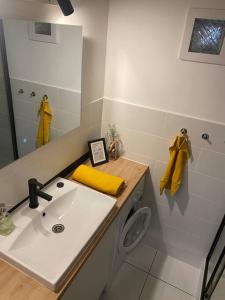 a bathroom with a sink and a mirror at Maros Apartman in Budapest