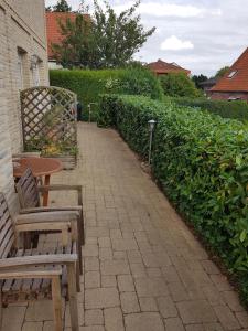 eine Terrasse mit zwei Bänken, einem Tisch und einer Hecke in der Unterkunft Haus Sonne & Meer in Sierksdorf