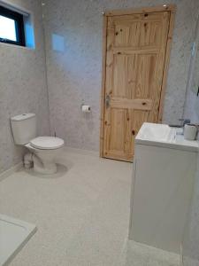 een badkamer met een toilet, een wastafel en een houten deur bij Ferry Lodge in Brundall