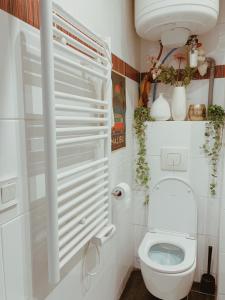 La salle de bains est pourvue de toilettes et d'un distributeur de papier toilette. dans l'établissement Cozy Paris Apartment, à Paris