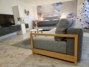 ein Wohnzimmer mit einem Sofa und einem TV in der Unterkunft Garden-Loft in Stadelhofen