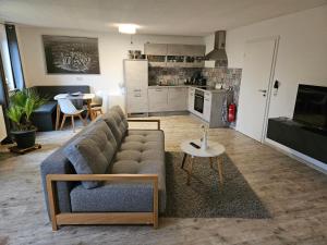 a living room with a couch and a table at Garden-Loft in Stadelhofen