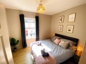 ein Schlafzimmer mit einem Bett mit Kissen und einem Fenster in der Unterkunft City Centre Riverside Apartment in Winchester