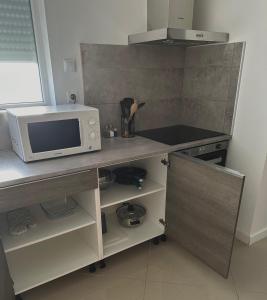 a kitchen with a microwave and a counter top at Petite Maison studio tout confort cosy Givors autoroute et gare in Givors