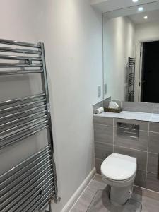 La salle de bains est pourvue de toilettes blanches et d'un miroir. dans l'établissement Stylish Luxury new 2 bedroom Apartment, à Dartford