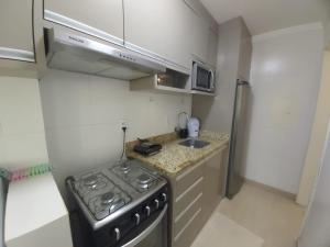 Il comprend une petite cuisine équipée d'une cuisinière et d'un évier. dans l'établissement Apartamento Aconchegante, à Foz do Iguaçu