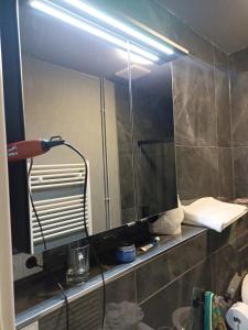 ein Badezimmer mit einem Spiegel und einer Lampe auf einem Regal in der Unterkunft Hotel zur Panke Wohnung 2 in Kolonie Röntgental