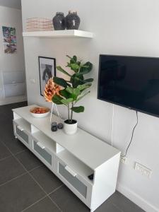 a white entertainment center with a tv and a plant at Fuerte Confort in La Oliva