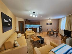 a living room with a couch and a table at Enjoy Studios and Lovely Apartment Villa Park in Borovets