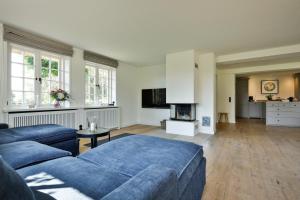 a living room with a blue couch and a fireplace at Daluja in Keitum