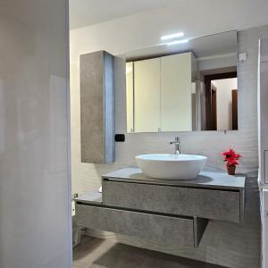 een badkamer met een witte wastafel en een spiegel bij Casa Moderna Olgiate in Olgiate Olona