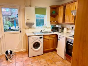 una cocina con lavadora y un perro. en KB21 Attractive 2 Bed House, pets/long stays with easy links to London, Brighton and Gatwick, en Roffey