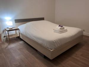 um quarto com uma cama e uma mesa com um candeeiro em Le Berriat YourHostHelper em Grenoble