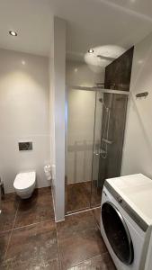 een badkamer met een toilet en een wasmachine bij Stylish studio in the heart of Breda city center in Breda