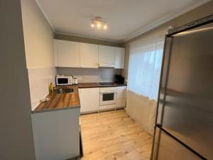 羅登巴赫的住宿－Secrets Design Apartment，厨房配有白色橱柜和不锈钢冰箱