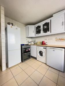 uma cozinha com um frigorífico branco e uma máquina de lavar louça em Deluxe room with lovely lake View em Londres