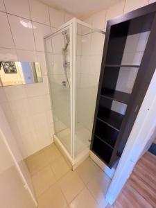 um chuveiro numa casa de banho com uma porta de vidro em Deluxe room with lovely lake View em Londres