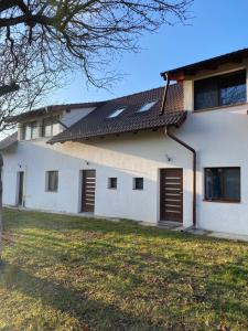 a white house with brown doors and a yard at Sunny Hill Apartments in Sînpetru