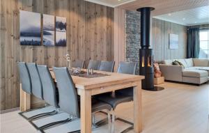 a dining room with a wooden table and a fireplace at Amazing Home In seral With House A Mountain View in Åseral