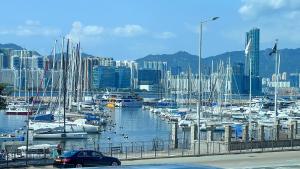 un grupo de barcos atracados en un puerto con una ciudad en Student Accommodation - 276 Gloucester Road, en Hong Kong