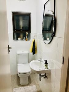 a bathroom with a toilet and a sink and a mirror at 504 on Wilderness in Cape Town