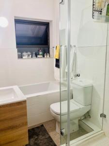 a bathroom with a toilet and a sink and a shower at 504 on Wilderness in Cape Town +17 photos