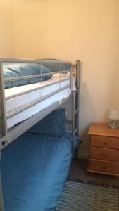 a bedroom with two bunk beds with blue sheets at Fernando's place in Dublin