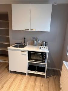 małą kuchnię ze zlewem i kuchenką mikrofalową w obiekcie Appartement 2 Birkenhof w mieście Drolshagen