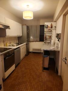 布魯塞爾的住宿－Charming apartment in the center of Brussels，厨房配有白色橱柜和台面