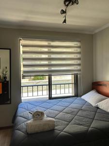 a bedroom with a large bed with a large window at Dpto acogedor en Lastarria in Santiago