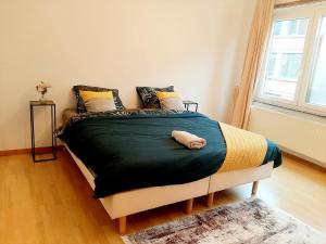 a bedroom with a large bed in a room with a window at Evere home - Private room in Brussels
