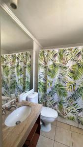 a bathroom with a sink and a toilet with a wallpaper at Dpto acogedor en Lastarria in Santiago